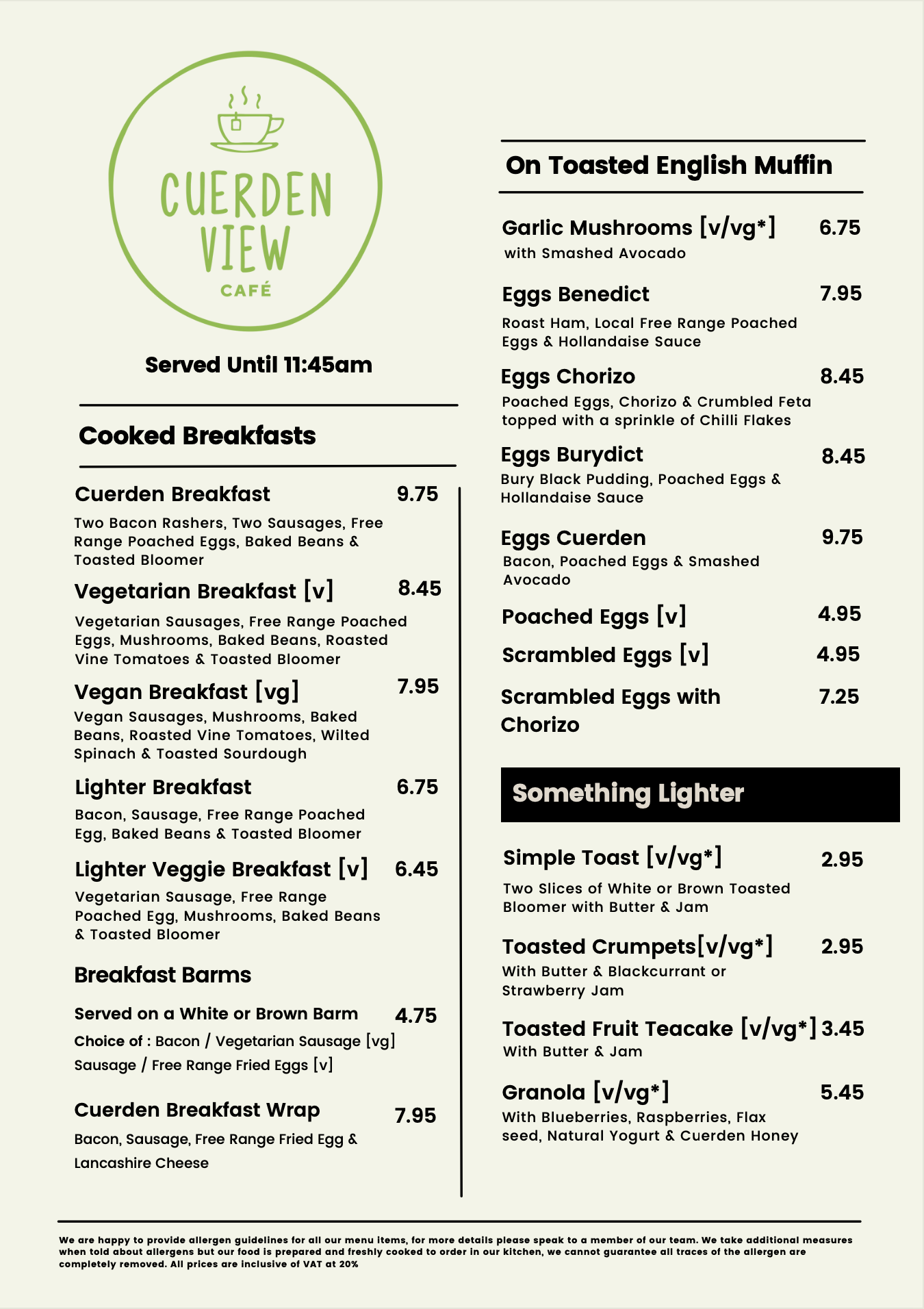 Cuerden View Cafe Menu